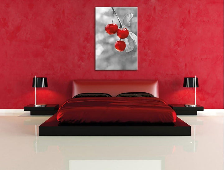 Pixxprint glänzende Kirschen am Zweig schwarz/weiss, Format: 80x120 auf hochkantiges Leinwand, XXL r
