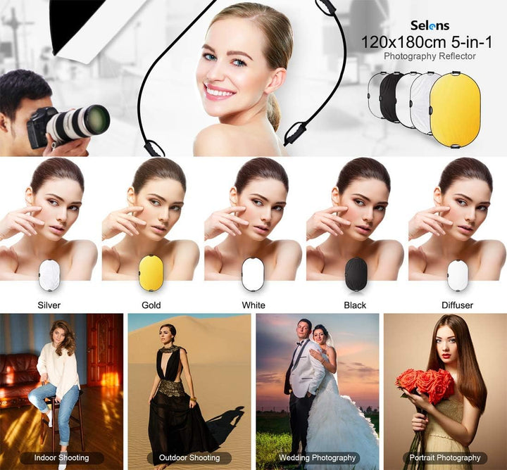 Selens 5-in-1 120x180cm Oval Reflektor Tragbarer Faltbarer für Fotografie Fotostudio Beleuchtung und