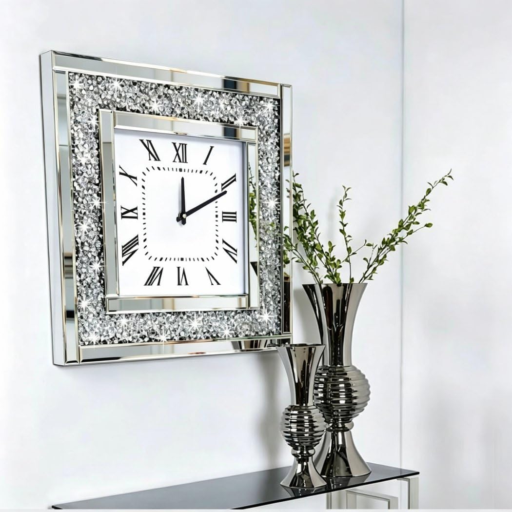 Silberne quadratische Spiegeluhr, Kristall-Glitzer, glitzernd, zerkleinerter Diamant, verspiegelt, g