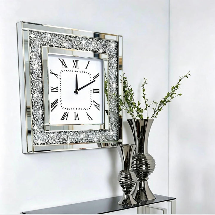 Silberne quadratische Spiegeluhr, Kristall-Glitzer, glitzernd, zerkleinerter Diamant, verspiegelt, g