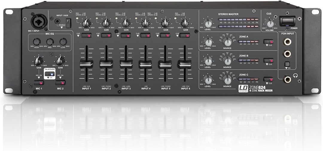 LD Systems ZONE 624-19" 4-Zonen Mixer mit 2 Mikrofonkanälen und 3HE, schwarz 4-Zonen Mixer 3HE, 4-Zo