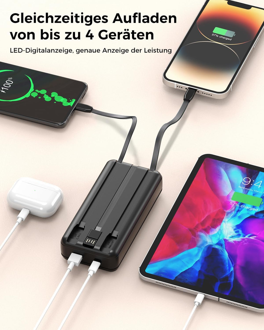 Power Bank 27000mAh, Powerbank PD 20W Schnellladen mit Integriertem USB-C Kabel, 4 Ausgänge & 3 Eing