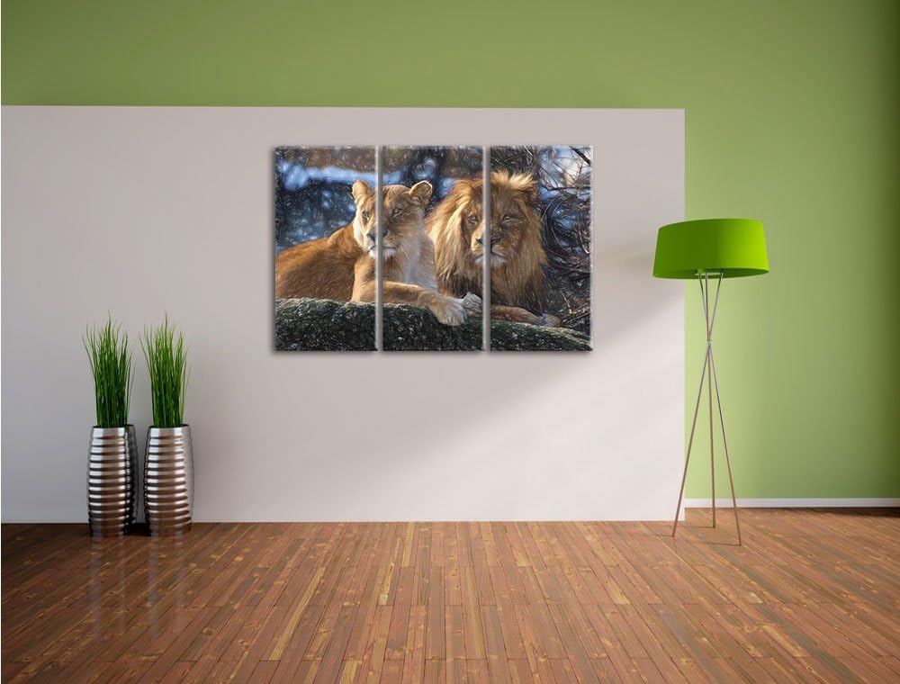 Pixxprint interessiertes Löwenpaar Kunst Buntstift Effekt 3-Teiler Leinwandbild 120x80 Bild auf Lein