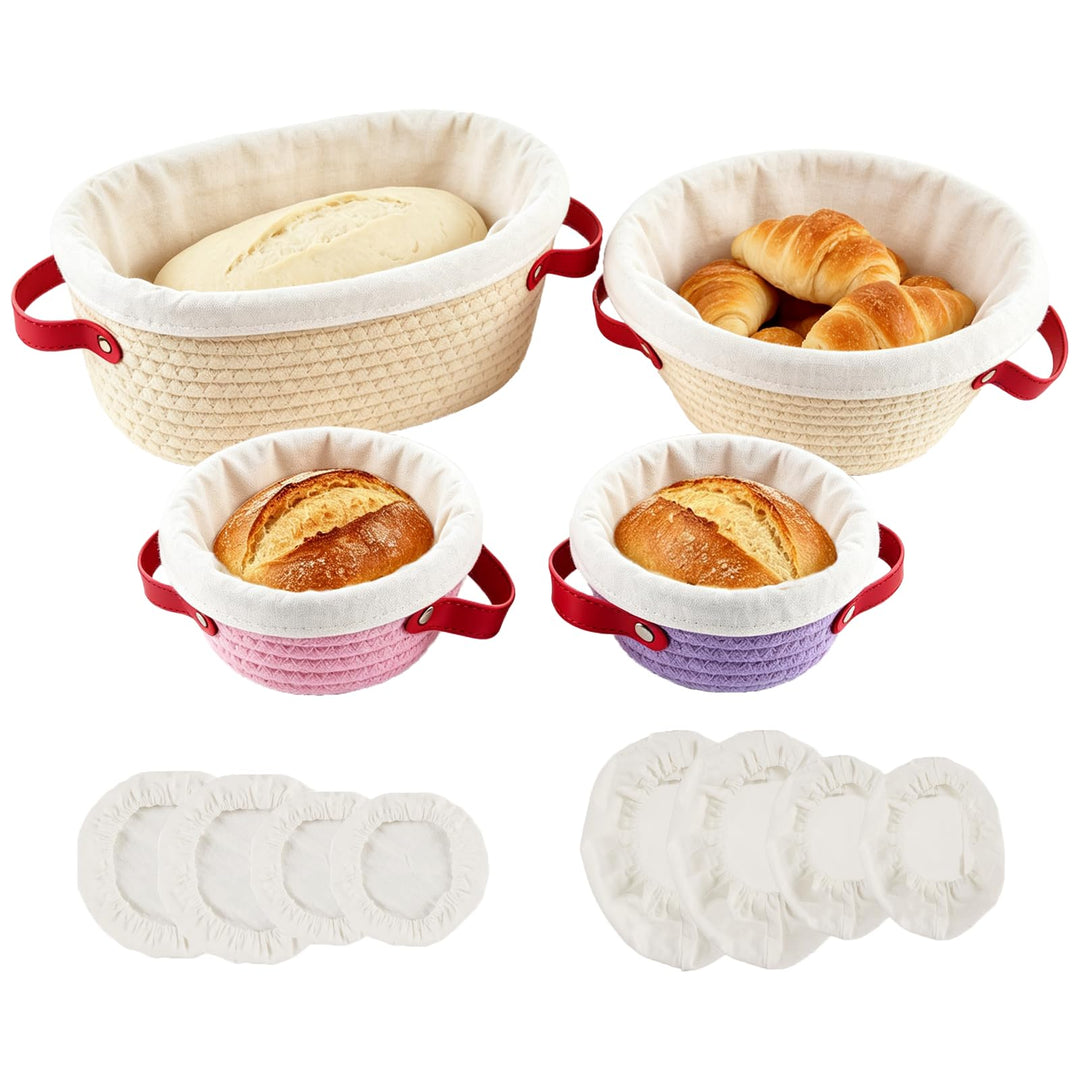 Baumwollseil Gärkörbchen Set 4-tlg. Oval 25cm, Rund 13 &amp; 23cm Sauerteigbrot | Atmungsaktives Baumwol