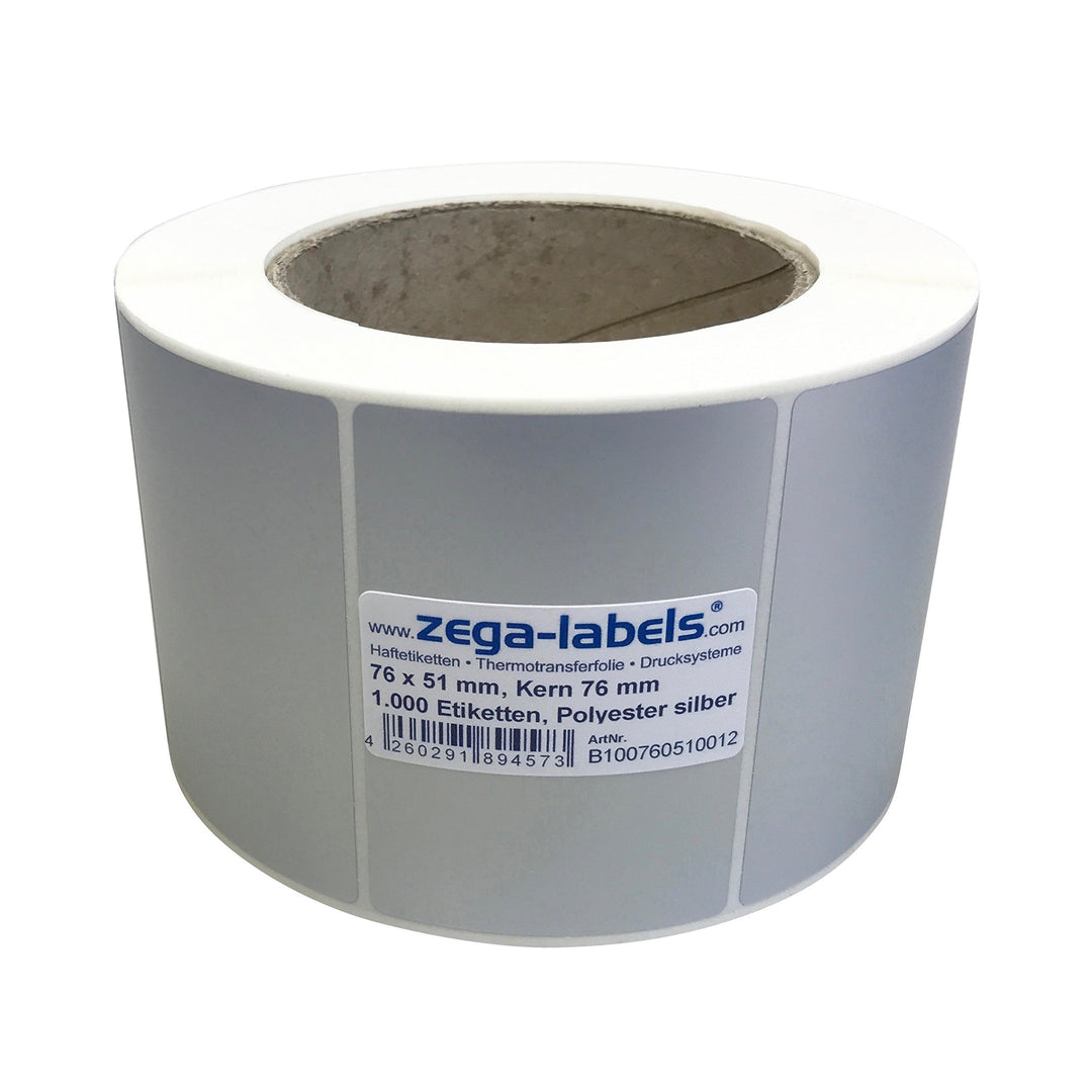 Polyester Thermotransfer Etiketten auf Rolle - 76 x 51 mm - aus PET Polyesterfolie silber für Typens