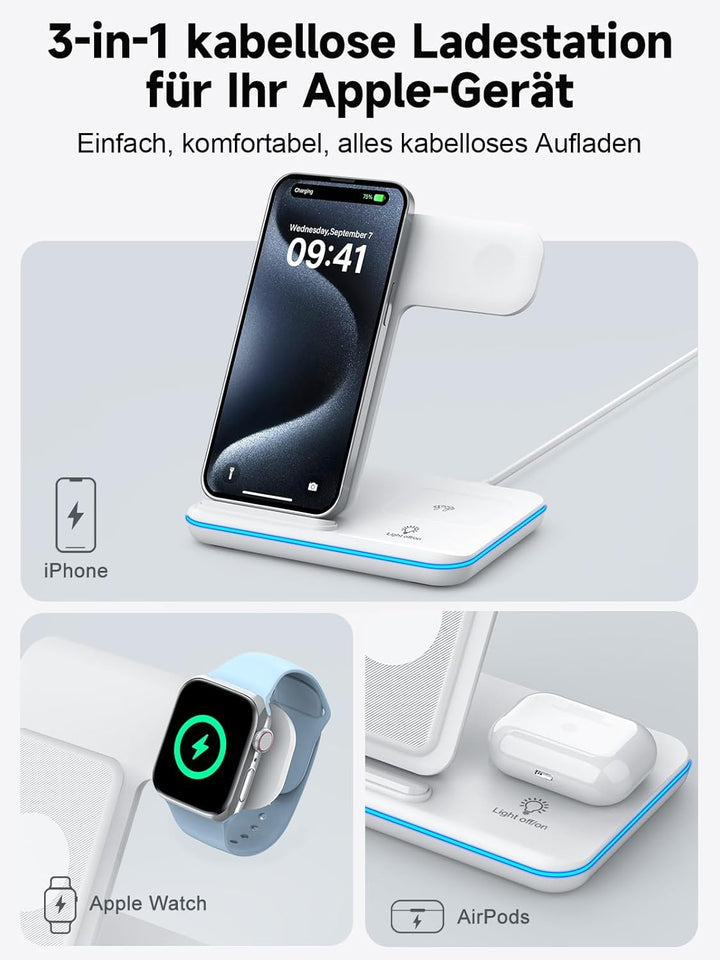 Induktive Ladestation für Apple Wireless Charger 3 in 1: 2024 Neu Kabelloses Ladegerät für iPhone 15