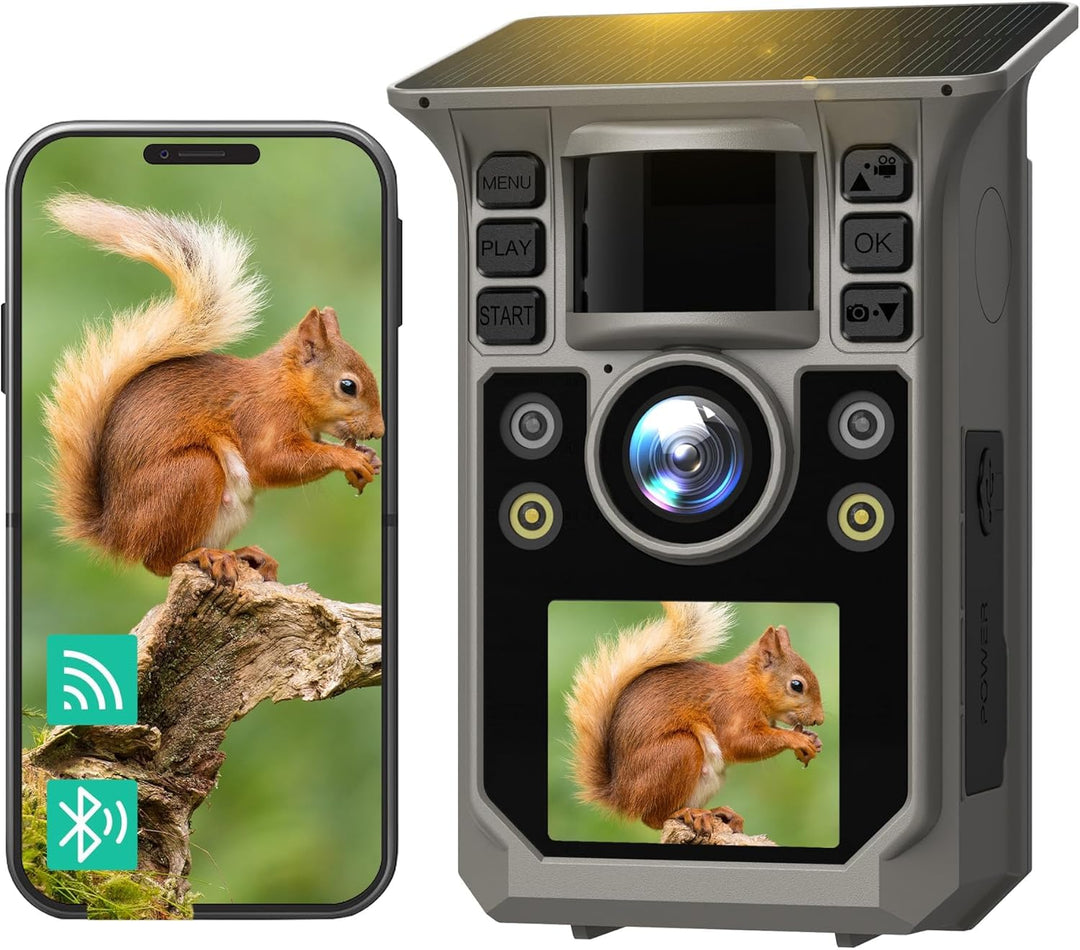 Wildkamera mit Handyübertragung APP, Solar WLAN 4K HD Video 64MP Eingebaute 7500mAh Wiederaufladbare