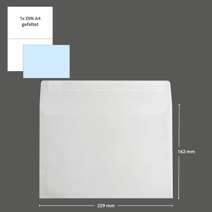 Transparente Briefumschläge, 162 x 229 mm (DIN C5), Weiss, 100 Stück, Haftklebung mit Abziehstreifen