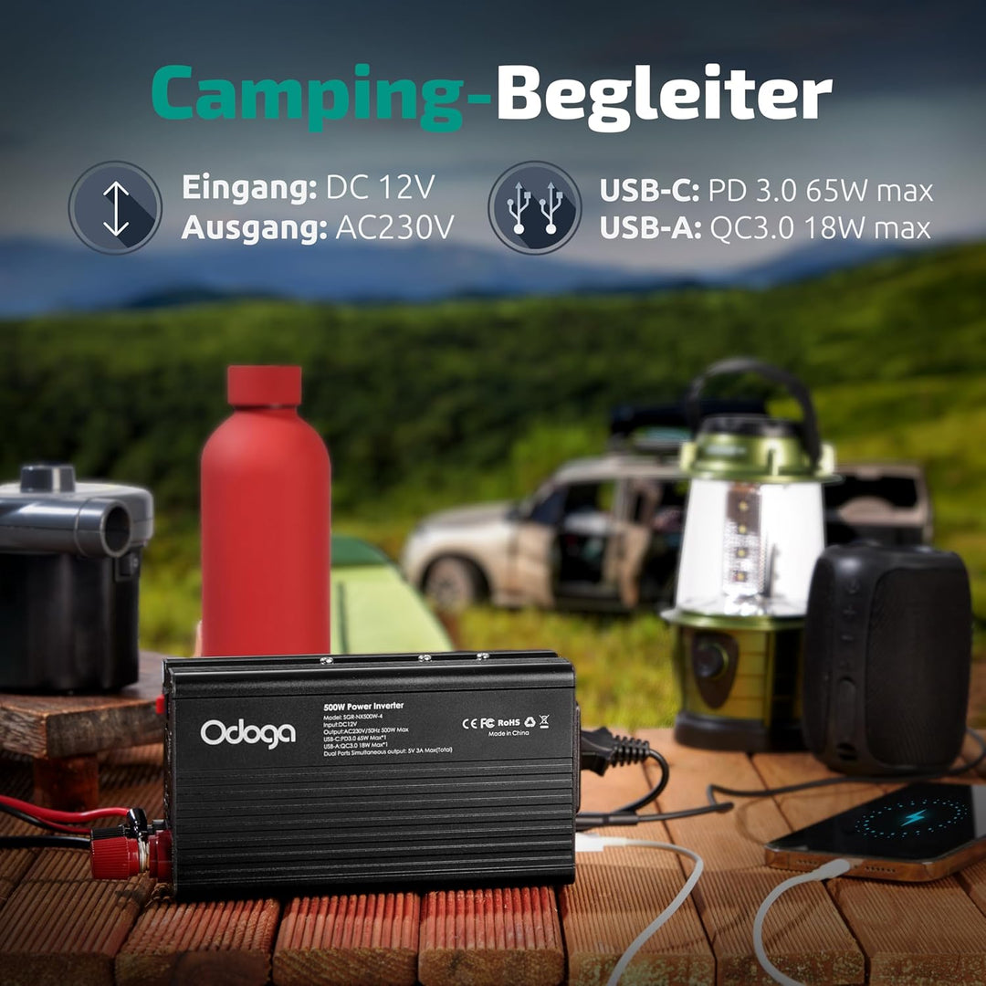 Odoga Wechselrichter 12V auf 230V – 500W Spannungswandler, Stromwandler mit 3A USB-A & USB-C Anschlü