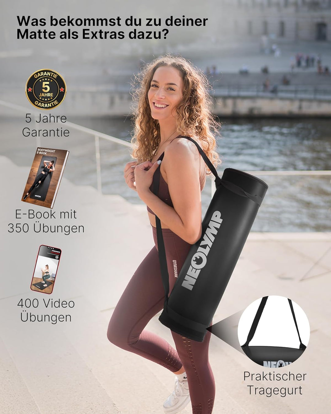 NEOLYMP extra dicke und rutschfeste Fitnessmatte mit Fitness E-Book und Tragegurt - Pilatesmatte, Yo