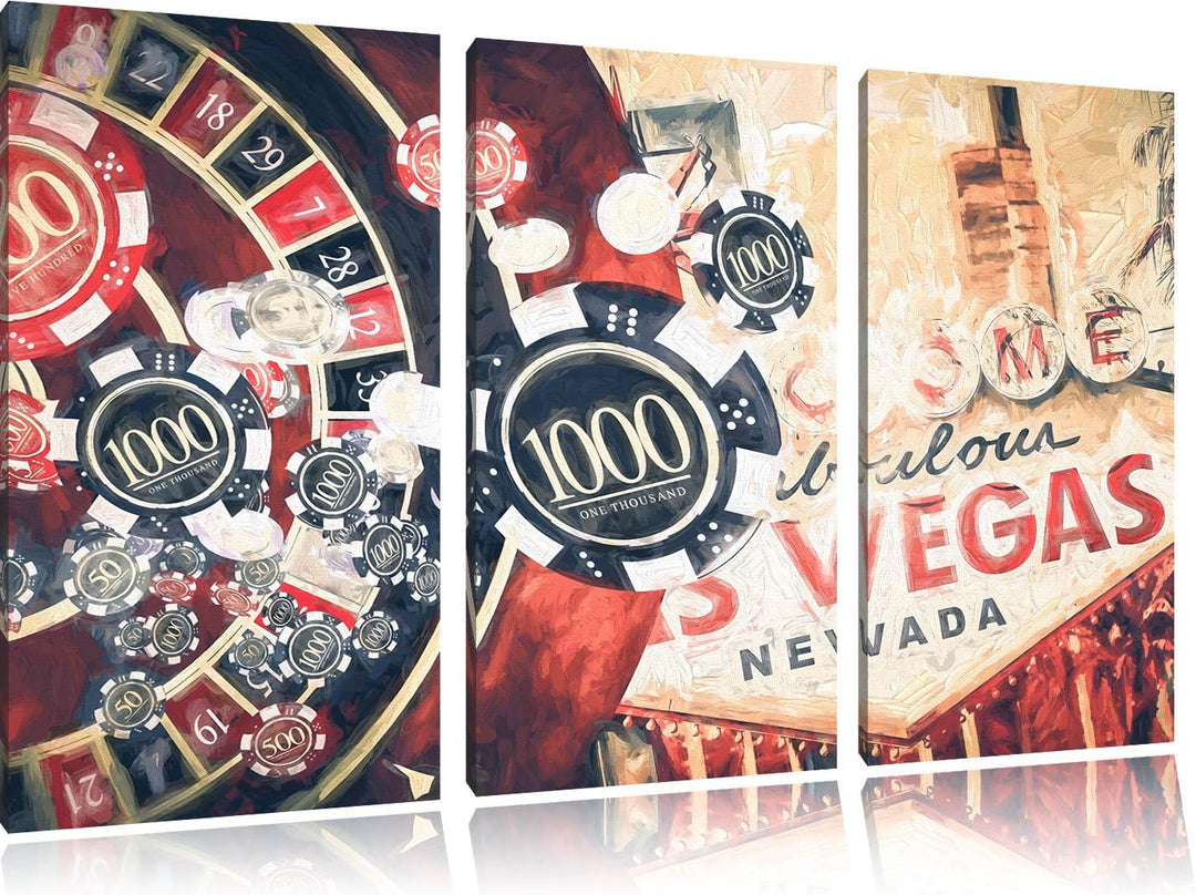 Pixxprint Las Vegas Casino Roulette Kunst Pinsel Effekt 3-Teiler Leinwandbild 120x80 Bild auf Leinwa