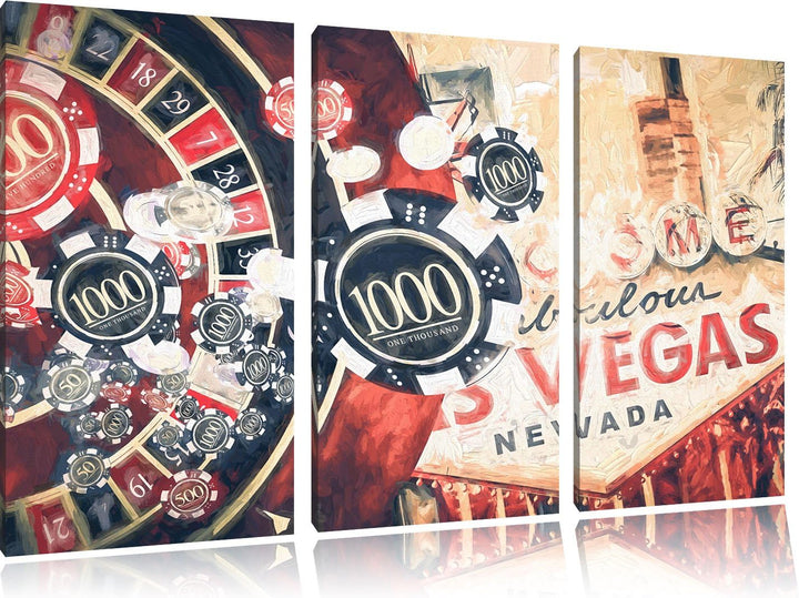 Pixxprint Las Vegas Casino Roulette Kunst Pinsel Effekt 3-Teiler Leinwandbild 120x80 Bild auf Leinwa