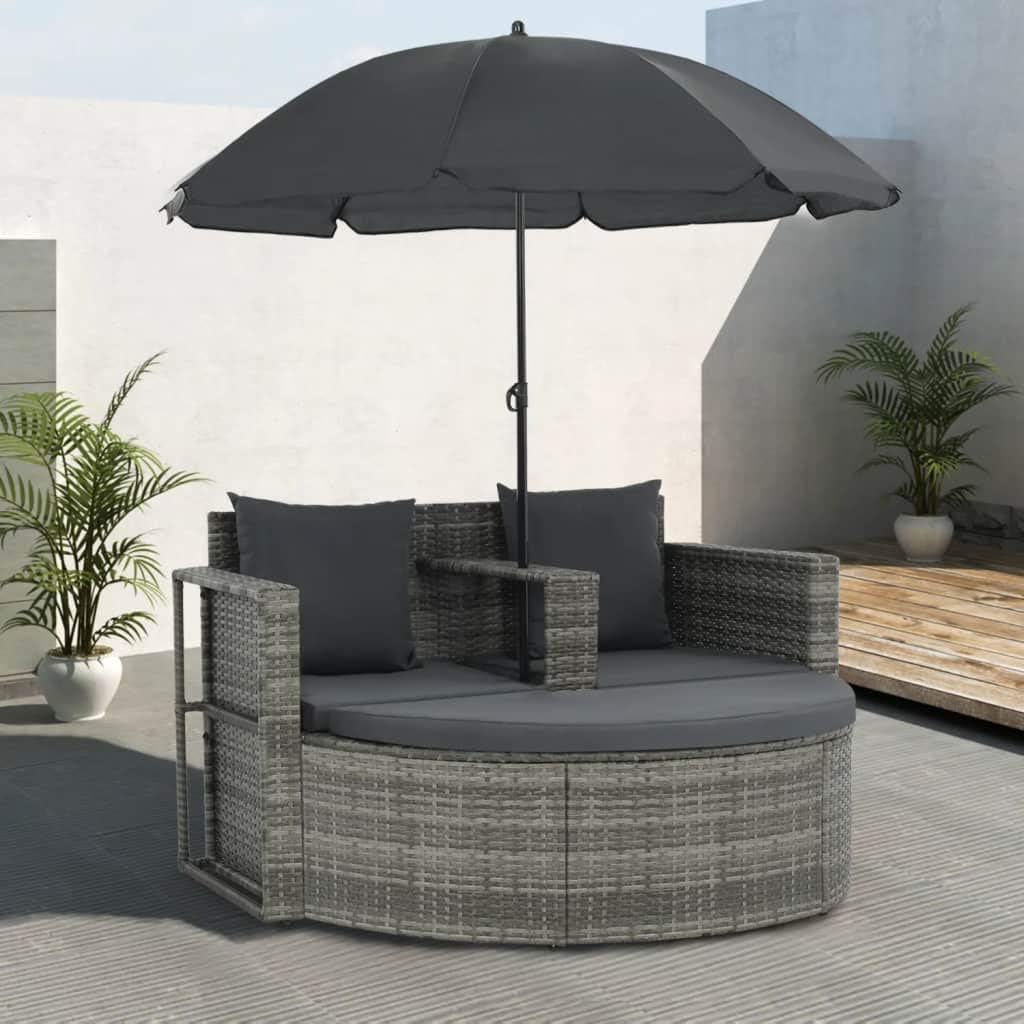 Festnight Polyrattan Gartensofa 2-Sitzer mit Sonnenschirm und Fusshocker |Gartenmoebel Sonneninsel R