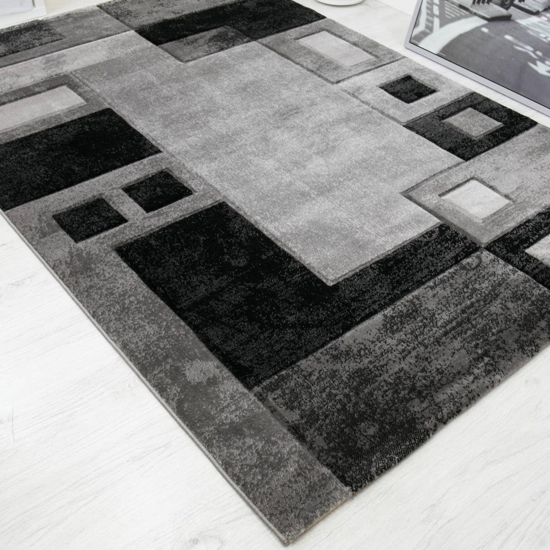 VIMODA Designer Teppich Wohnzimmer Grau Kariert mit Farbverlauf und Konturenschnitt, Masse:60 x 110
