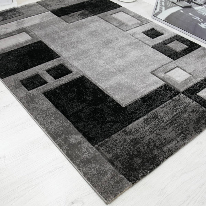 VIMODA Designer Teppich Wohnzimmer Grau Kariert mit Farbverlauf und Konturenschnitt, Masse:60 x 110