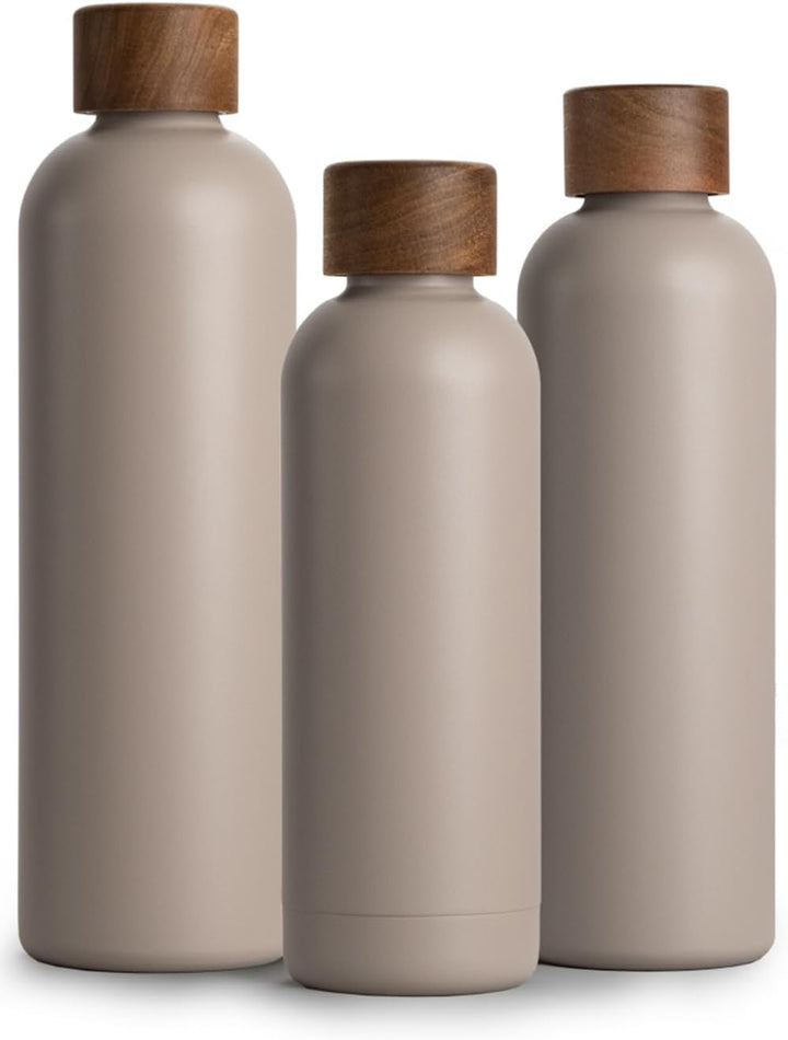 T&N Edelstahl Trinkflasche 1 Liter, Thermosflasche 1l mit Akazienholz Deckel, Isolierte Wasserflasch