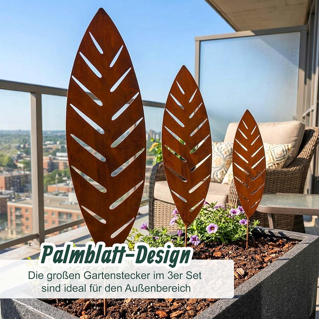 Relaxdays Gartenstecker Palmblatt, 3er Set, Rost, Metall, H: 50–100 cm, Gartendeko, Metallstecker fü