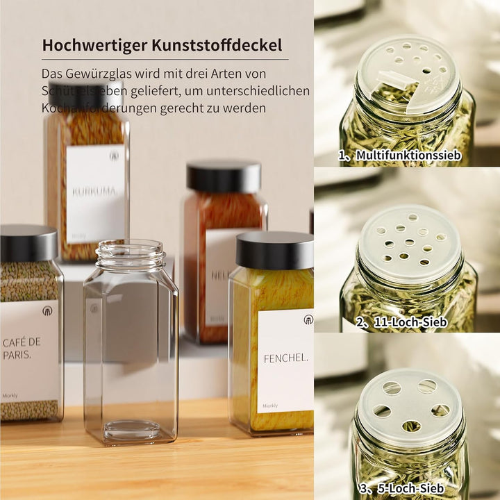 Miorkly Gewürzgläser Eckig mit Streueinsatz - 12 x 120ml - Edelstahl Deckel G.12, G.12