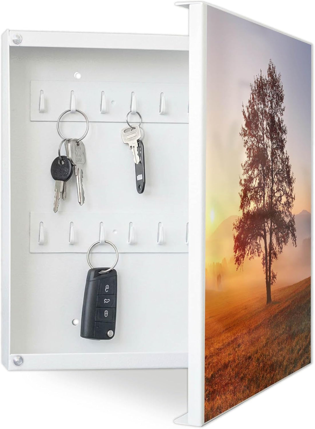 banjado® Grosser Schlüsselkasten Glas/Schlüsselbox 30cm x 30cm mit 50 Haken - Motiv Sonnenaufgang/Sc