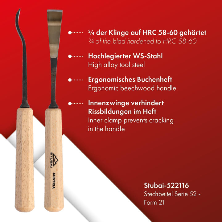 STUBAI Stemmeisen Stechbeitel Serie 52 - Form 21 | Gekröpftes Balleisen, Breite 16 mm, mit Holzgriff