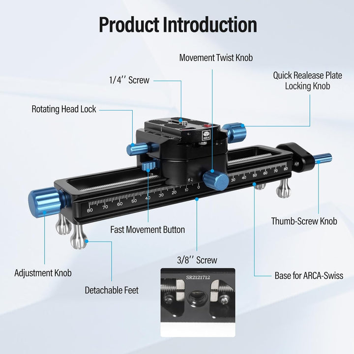 SIRUI MS18 180mm Makro-Fokus-Schiene, 360° drehbare Klemme, Arca-Swiss QR-Platte, für Kameras, Stati