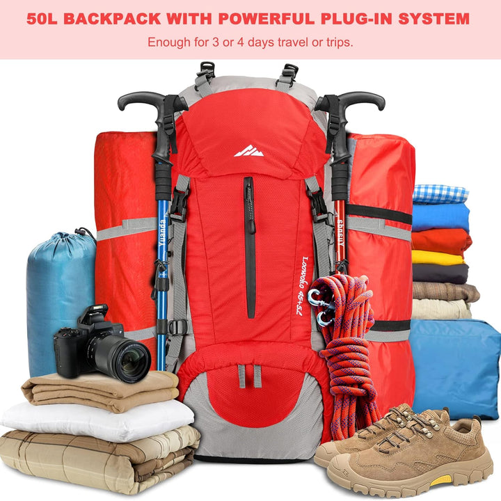 Loowoko 50 l Wanderrucksack, wasserdichte Camping-Essentials-Tasche mit Regenschutz, 45 + 5 Liter le