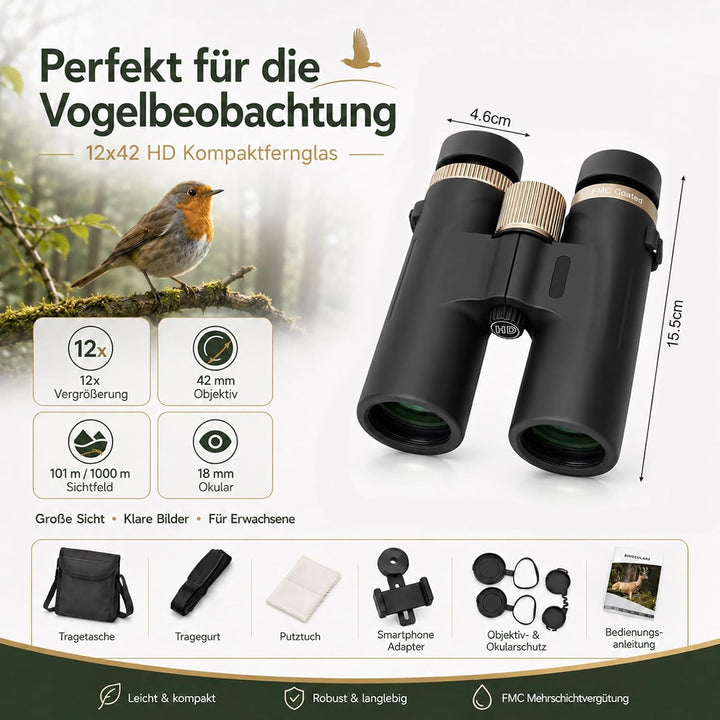 12x42 HD wasserdichtes Profi-Fernglas mit BAK4 Prisma, FMC Linse, Smartphone Adapter & Tragetasche,