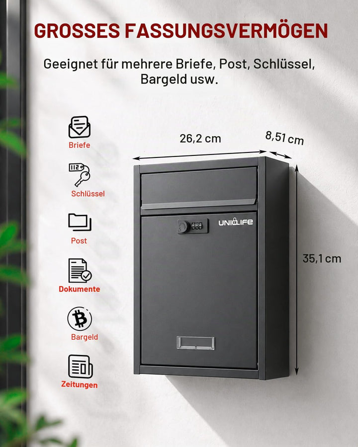 Uniclife Wall Mount Mailbox für aussen, grosse Ablagefach mit Zahlenschloss, Sicherheit Schliessung