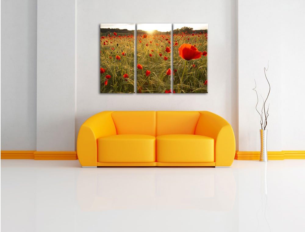 Pixxprint Mohnfeld bei Sonnenuntergang als Leinwandbild/Grösse: 3 Teilig (120x80) cm/Wandbild/Kunstd