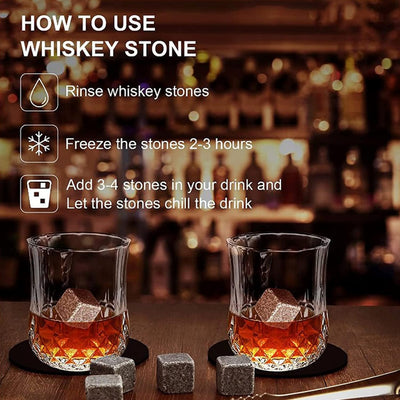 Whiskey Stones Geschenkset mit 2 Gläsern, handgefertigter Geschenkbox, 8 Granit-Whiskey-Rocks & Samt