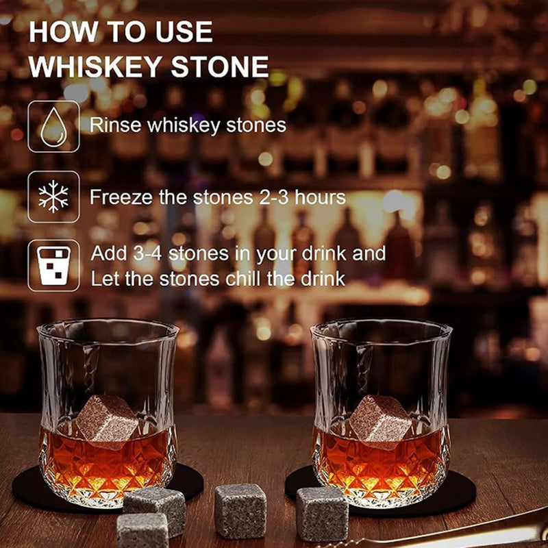 Whiskey Stones Geschenkset mit 2 Gläsern, handgefertigter Geschenkbox, 8 Granit-Whiskey-Rocks & Samt