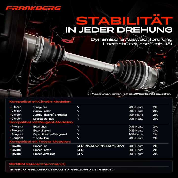 Frankberg 1x Antriebswelle Vorne Links Kompatibel mit Jumpy 2016-Heute Spacetourer Bus 2016-Heute Ex