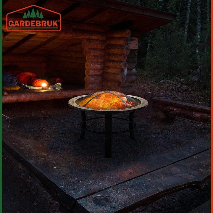 GARDEBRUK® Feuerschale Fuego mit Funkenschutz Ø76cm Schürhaken Abdeckung Mosaik Rund Garten Terrasse