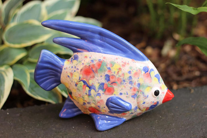 Gartenfigur Fisch aus Keramik Weiss-Blau Gartendeko Gartendekoration Teichdeko, Weiss-Blau