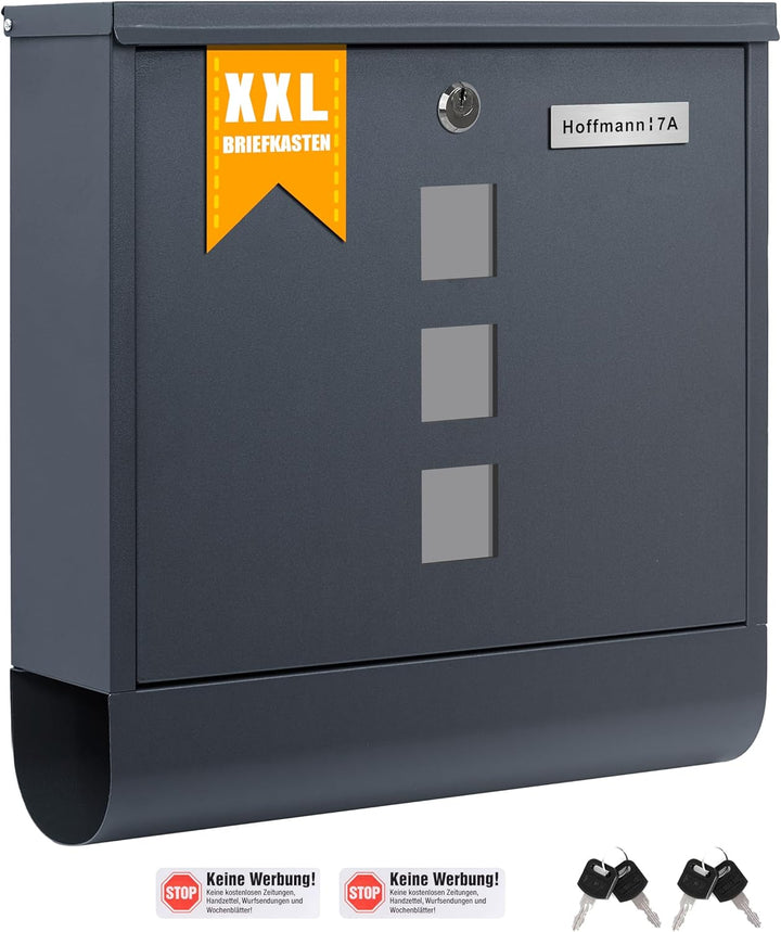 Zedelmaier XXL personalisiert Briefkasten mit Edelstahl Namensschild Anthrazit Wandbriefkasten Postk