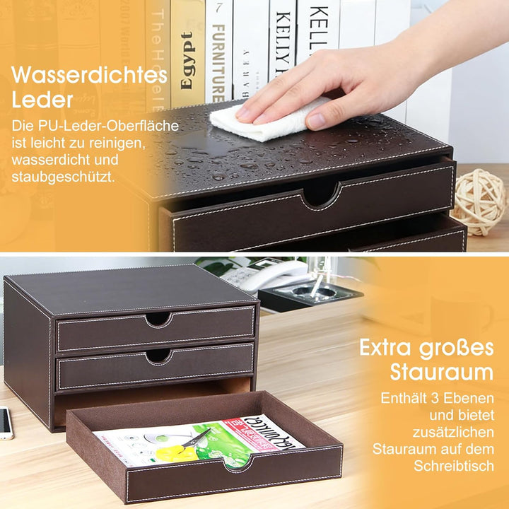Desktop Leder Schreibtisch Schubladenbox mit 3 Schubladen a4,Aufbewahrungsbox,PU-Leder Schreibtisch