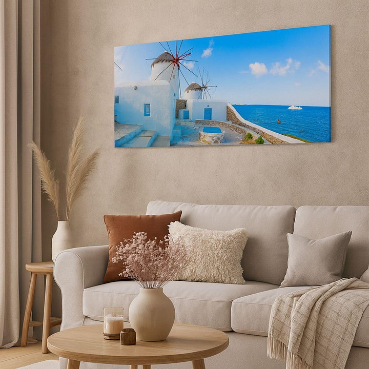 Wandbilder Dekoration Wohnzimmer Griechenland Insel Küste Haus Panorama Bilder auf Leinwand 120x50cm