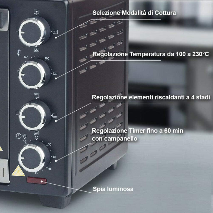 Bakaji Elektroofen, belüftet, Kapazität 30 Liter, Leistung 1600 W, Temperatur einstellbar bis 230 °,