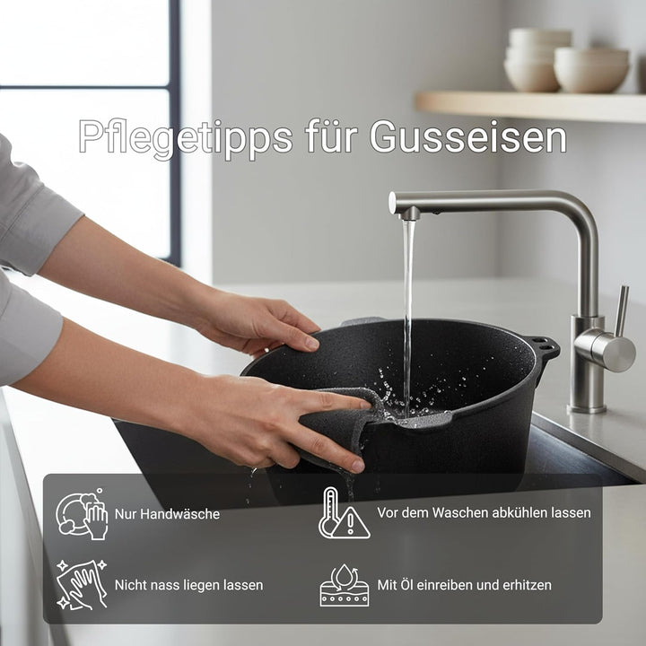BIOL Dutch Oven 12 Liter aus Gusseisen – Eingebrannter Feuertopf mit Deckelheber und Doppelfunktions