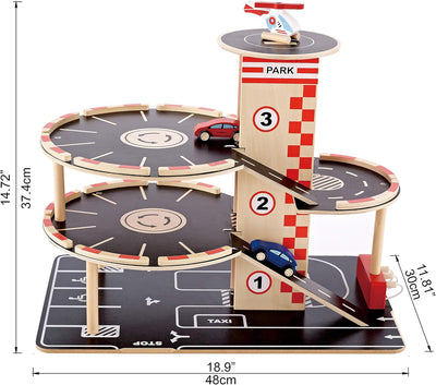 Parkhaus Spielset aus Holz von Hape | Autogarage auf drei Ebenen mit Autos und Hubschrauber