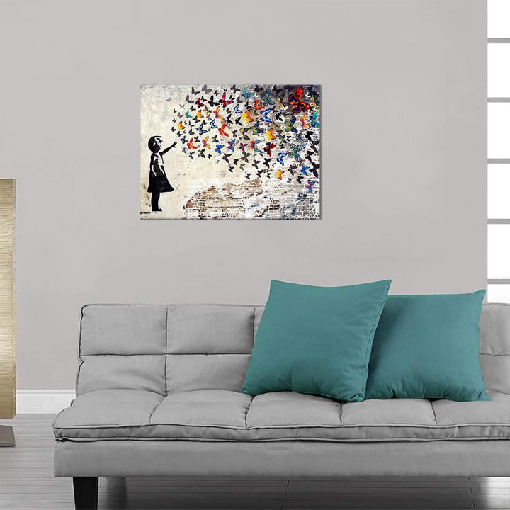 Graffiti-Strassen-Wandkunst, Banksy-Gemälde, Kunstwerk, gross, gerahmt, Graffiti-Mädchen mit Schmett