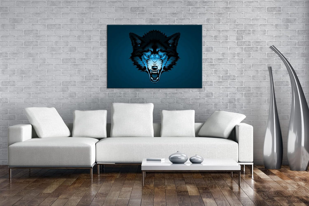 deyoli Böser Wolf Illustration Format 80x60 Effekt: Monocrome Blau als Leinwandbild, Motiv fertig ge