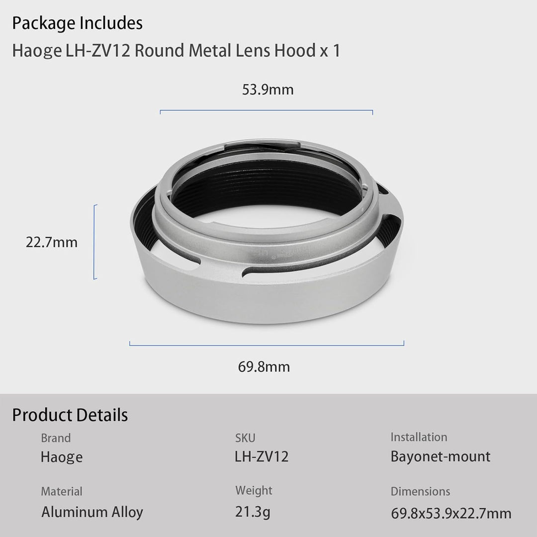 Haoge LH-ZV12 Runde Metall-Bajonett-Gegenlichtblende für Carl Zeiss C Biogon T 4.5/21 21 mm f4.5 ZM,