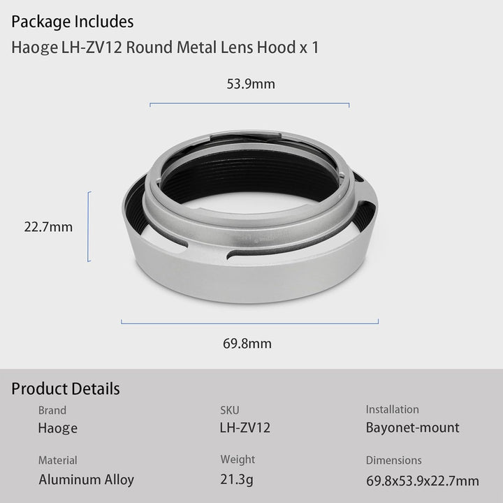 Haoge LH-ZV12 Runde Metall-Bajonett-Gegenlichtblende für Carl Zeiss C Biogon T 4.5/21 21 mm f4.5 ZM,