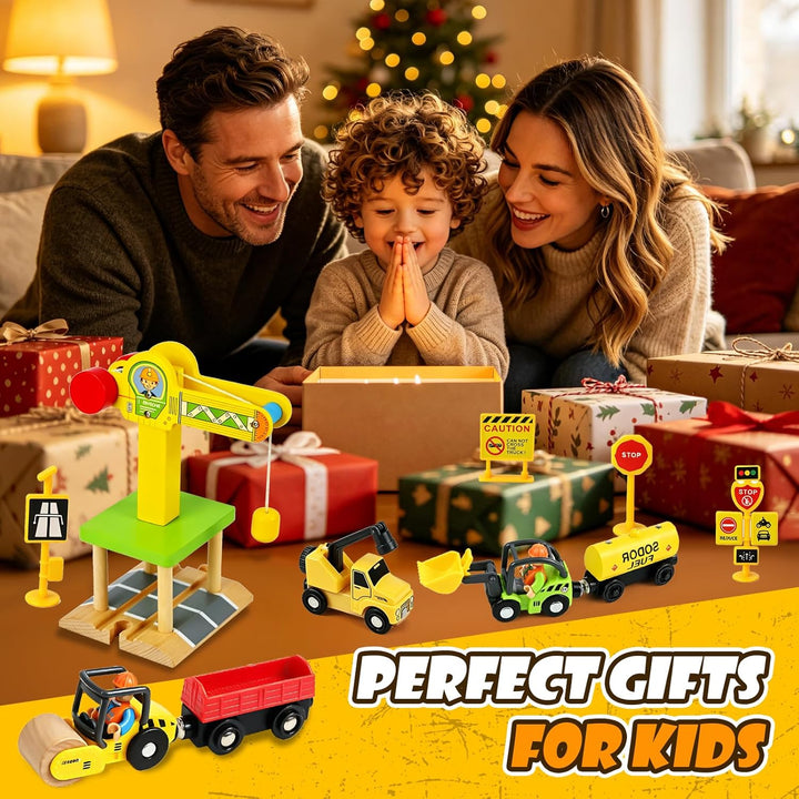 Baufahrzeuge Kinder Holzspielzeug, Magnetisch Baustelle Kran Spielzeug mit Turmkran Bagger Kranwagen