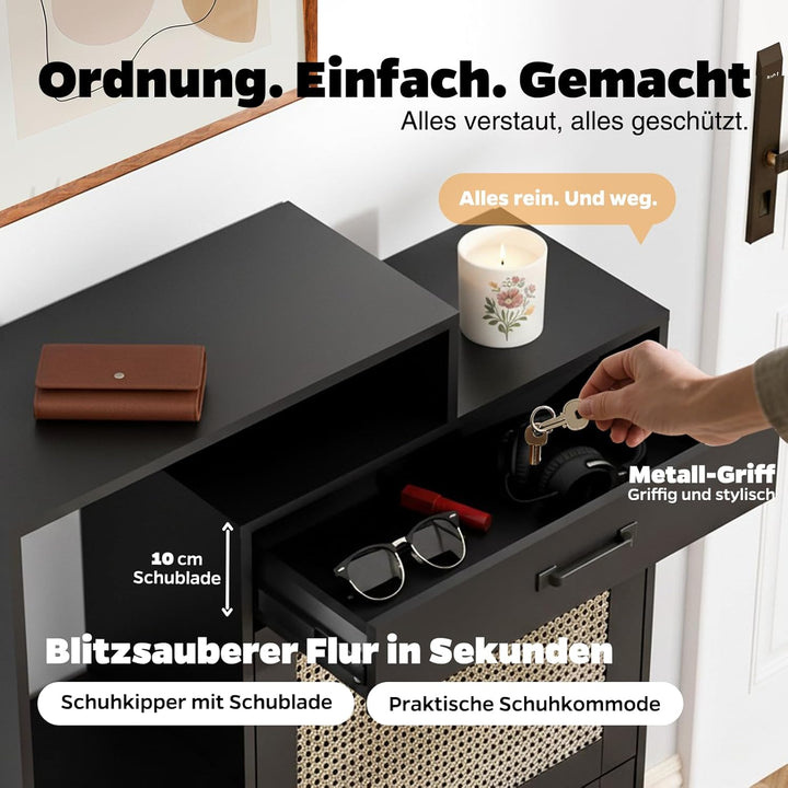 Schuhschrank schmal schwarz mit Schublade & Rattan-Dekor – eleganter Schuhkipper schwarz für Flur &