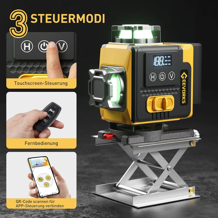 Geevorks Laser Wasserwaage 4D Kreuzlinienlaser Profi-Set | 16 Linien Selbstnivellierend, 25m Reichwe