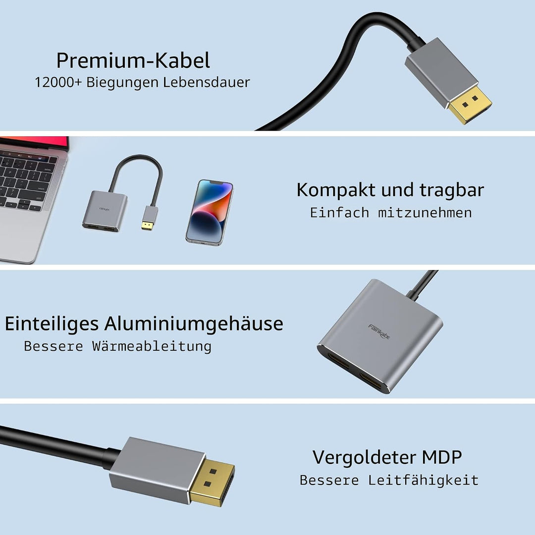 DisplayPort zu Dual DisplayPort Splitter Adapter 4K60Hz für Dual Monitor, MST DisplayPort Adapter er