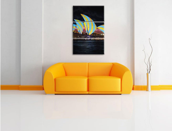 Pixxprint Sydney Opera House blau gelbe Streifen 3-Teiler Leinwandbild 120x80 Bild auf Leinwand