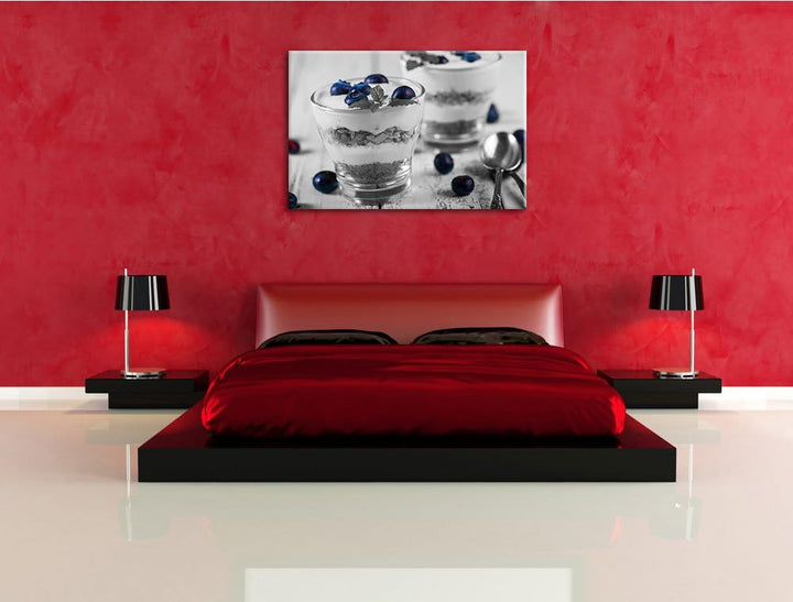 Blaubeerjoghurt mit Müsli schwarz/weiss Format: 100x70 cm auf Leinwand, XXL riesige Bilder fertig ge